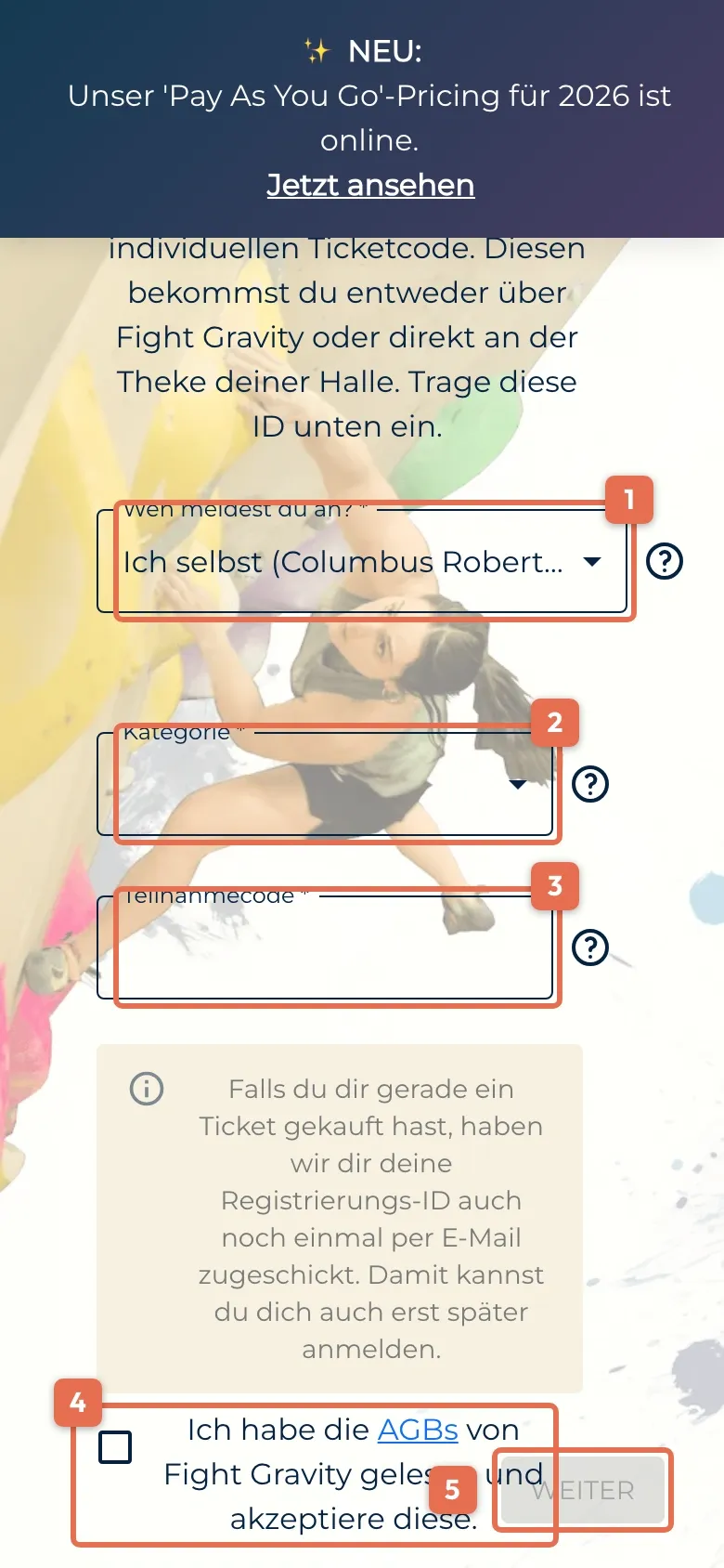 Anmeldeschritt mit Kategorie und Teilnahmecode
