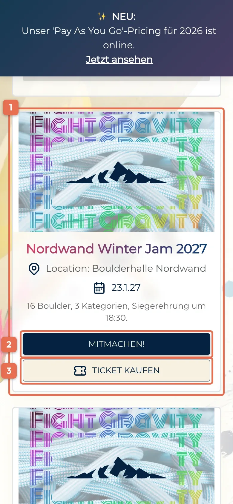 Wettkampfliste auf dem Handy