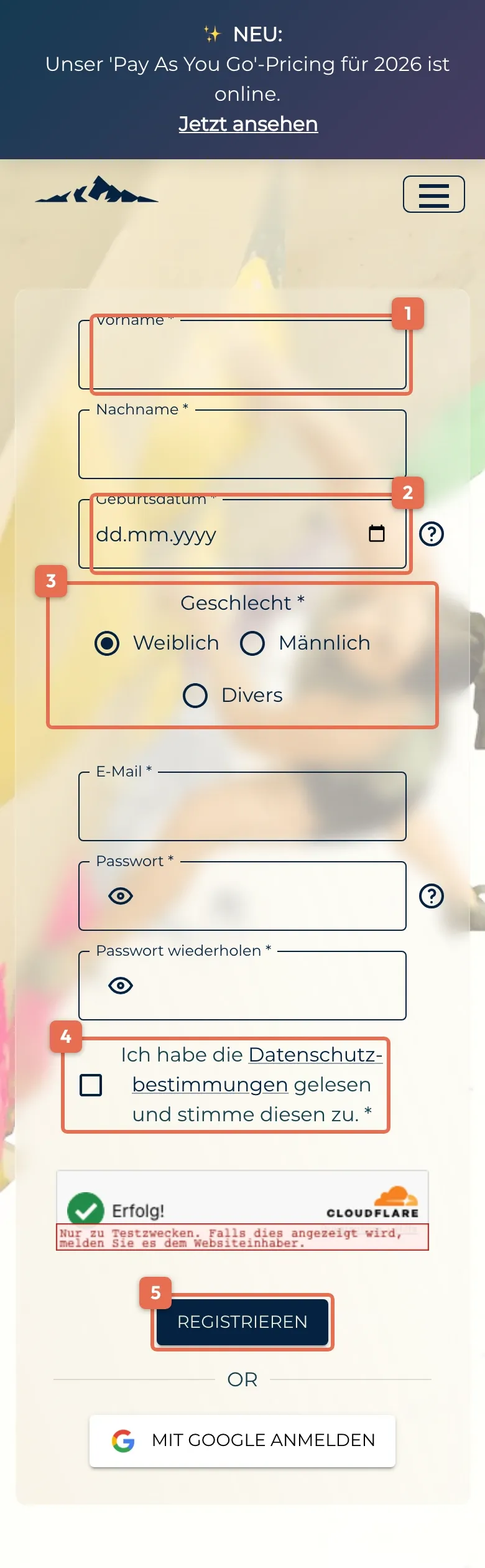 Registrierungsformular auf dem Handy