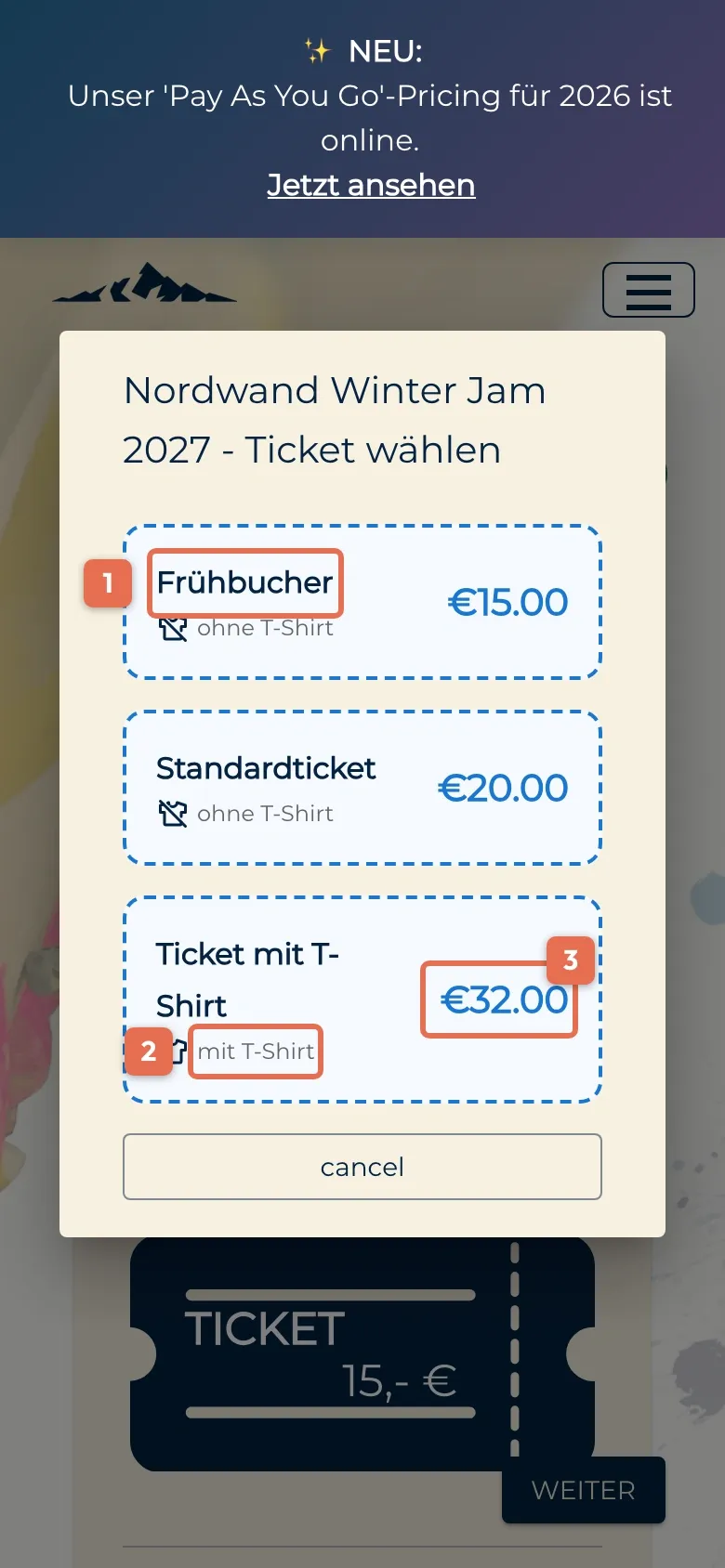 Auswahl der Ticketpreise