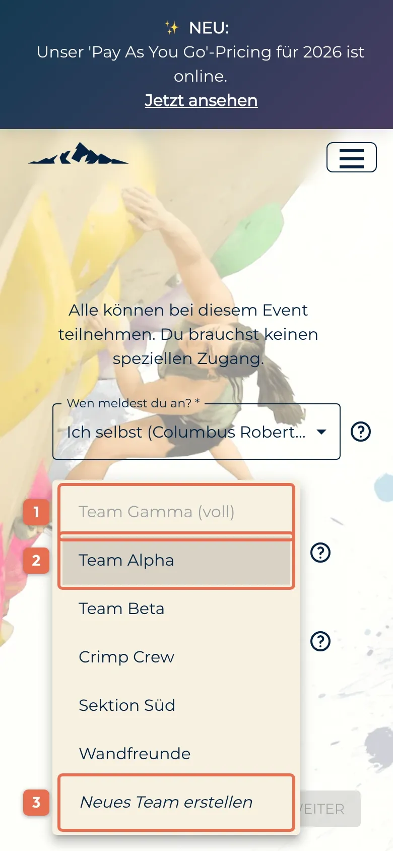 Teamauswahl in der Anmeldung