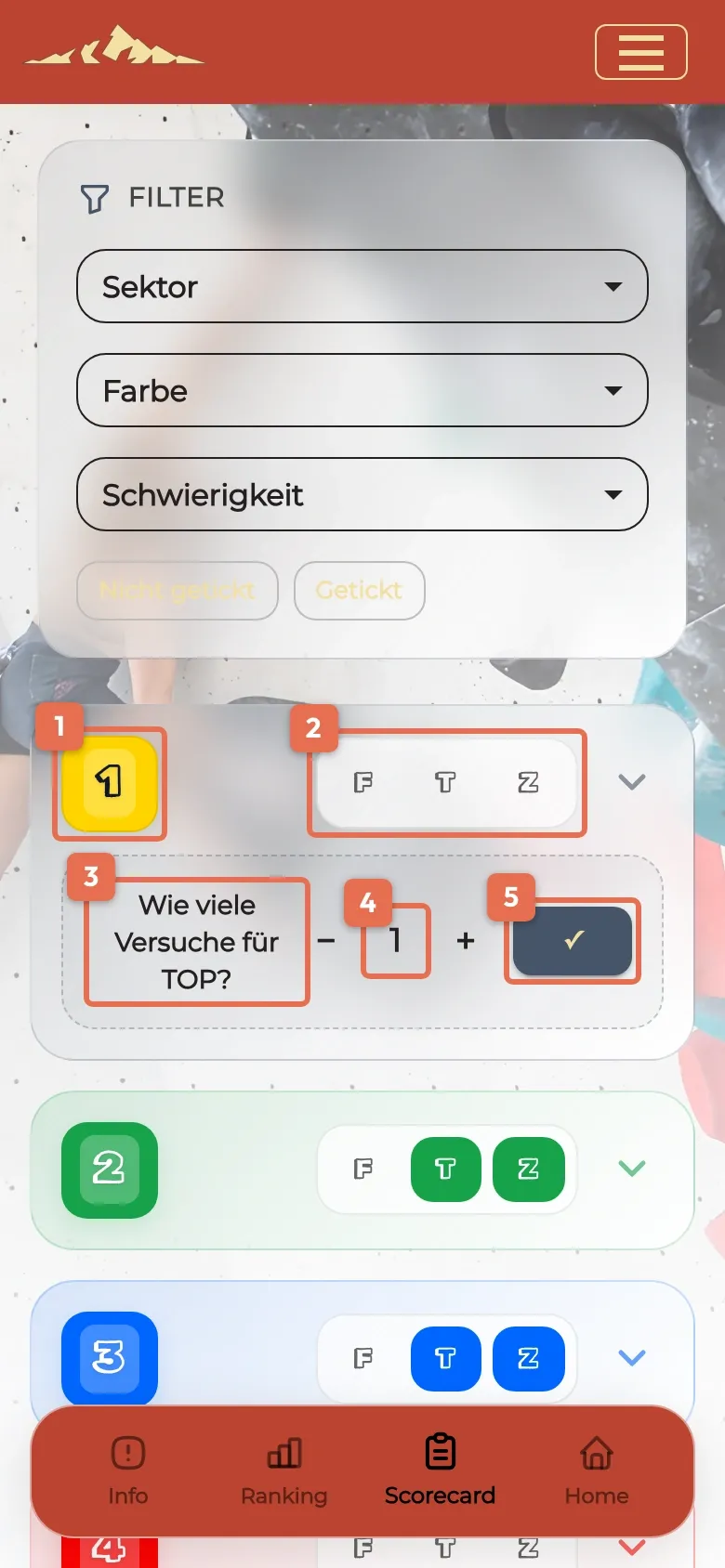 Boulderkarte mit Abfrage der Versuche